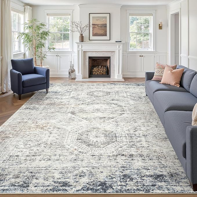 Soalmost 10x14 Area Rugs for Living Room Washable Rug Non-Slip Blue/Ivory | Large Vintage Stain Resistant Carpet for Dining Bedroom, Low Pile Lightweight Foldable Floor Mat Nursery Home Office Decor