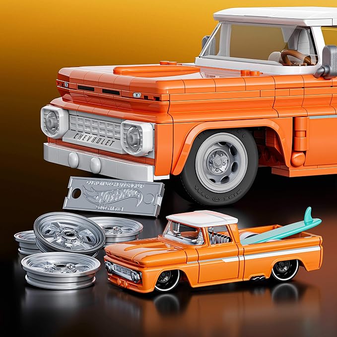 Mattel Brick Shop Hot Wheels Elite Series Building Set, Custom '62 Chevy Pickup with 858 Pieces, Realistic Details and Custom Decals, for Adult Collectors and Kids from 10 Years, JFT20