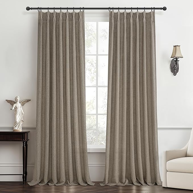 Dark Flax Pinch Pleated Curtains 92 Inches Long 2 Panels Set for Sliding Glass Doors, Farmhouse Memory Trained Viral Linen Blend Semi Sheer Living Room Light Filtering Drapes 90-92 Inch Window Curtain