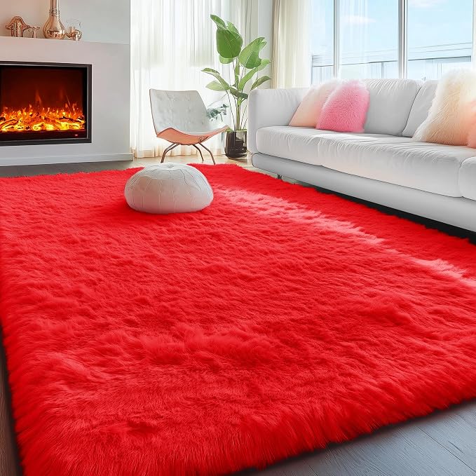 PAGISOFE Soft Modern Red Area Rug, 4x6 Feet, Shaggy Indoor Rug for Kids Room Decorative Carpet, Fuzzy Rug for Babies, Nursery, Dorm, Non Slip Rug for Boys Girls, Teen's Room