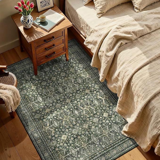2x5 Area Rugs for Entryway, Green Washable Non-Slip Kitchen Runner Rug | Low Pile Runner Rugs, Soft Carpet for Kitchen Bathroom Bedroom Laundry, Stain Resistant Foldable Vintage Distressed Rug
