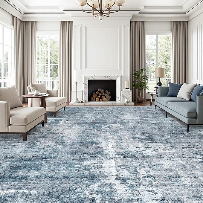 Soalmost 12x15 Washable Area Rugs Soft Living Room Rug Abstract Blue/Grey | Large Modern Carpet Non-Slip for Dining Bedroom, Low Pile Thin Stain Resistant Foldable Indoor Floor Mat Home Office Decor