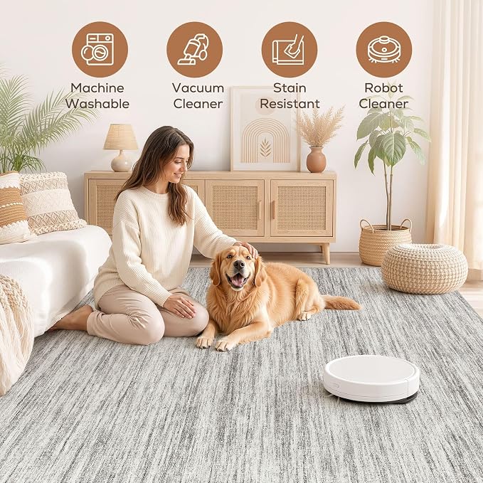 Nakagishi 7X9 Area Rugs Living Room: Washable Large Vintage Rug Neutral Non-Slip Soft Stain Resistant Indoor Carpet for Bedroom Nursery Dining Room Office Playroom - Grey