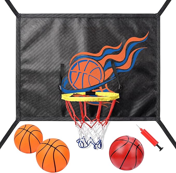 Trampoline Basketball Hoop Attachment, with 3 Basketballs and Pump & Hooks, Easy to Install, Universal Accessories Goal Game Fits 8 10 12 14 15 16 FT Trampoline Indoor Outdoor