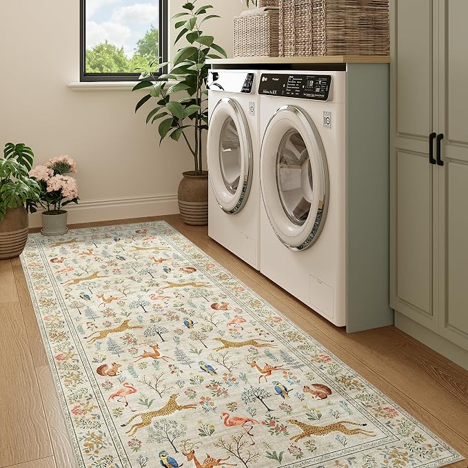 DUKINO 3x7 Hallway Runner Rug, Non Slip Animal Kitchen Runner Rug, Beige | Soft, Low Pile, Stain Resistant Indoor Carpet Runner for Entryway, Bedroom, Bathroom, Laundry, Pet Friendly, Home Decor