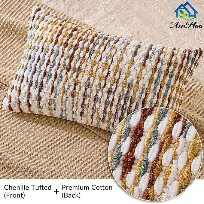 Boho Chenille Pillow Cover Decorative Tufted Pillowcase for Couch Bed Sofa Bedroom Living Room Modern 12 x 20-Inch Brown