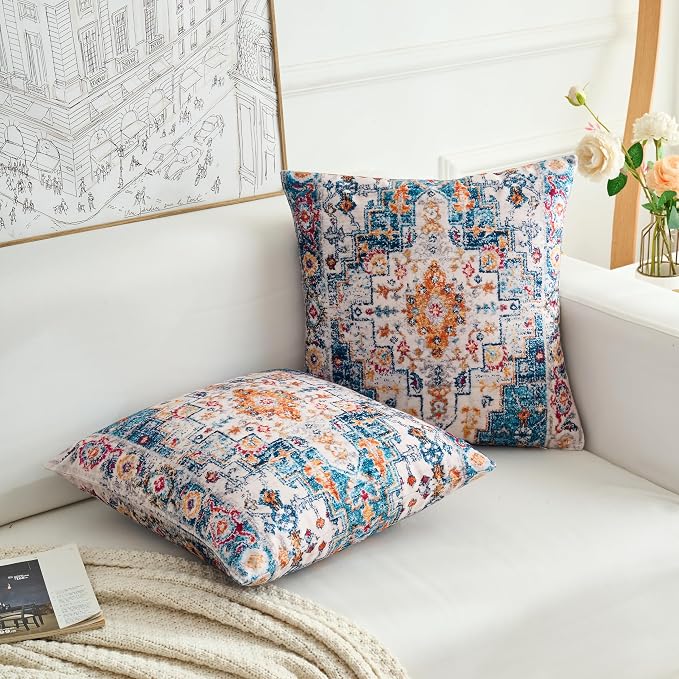 Boho Throw Pillow Covers 16x16 inch Set of 2,Boho Vintage Carpet Pattern Antique Ethnic Decor Double Sided Pattern Cushion Cover Soft Pillow Case Living Sofa Room Bed Square Pillow Cover