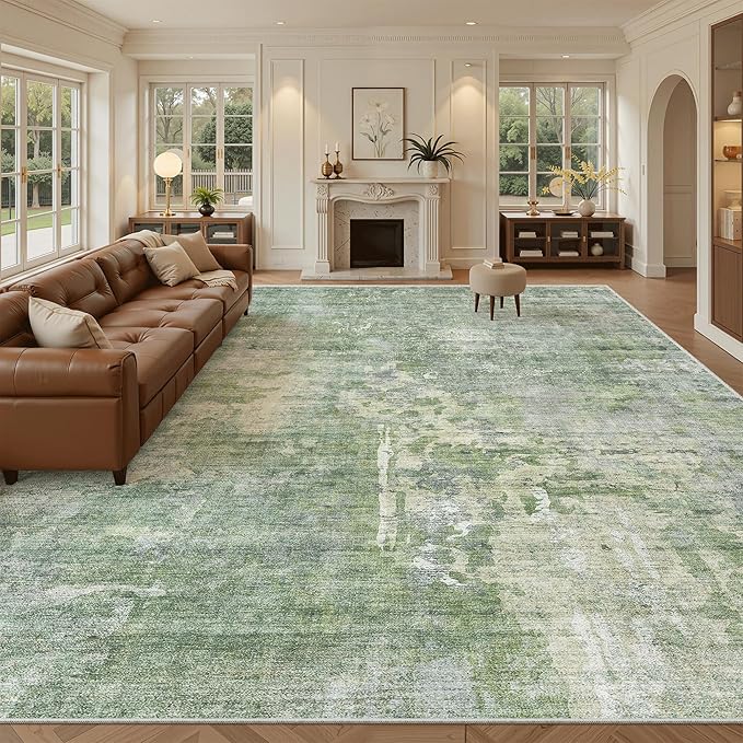 Soalmost 10x14 Area Rugs for Living Room Washable Rug Abstract Green/Ivory | Non-Slip Large Modern Carpet for Dining Bedroom, Soft Low Pile Lightweight Foldable Floor Mat Nursery Home Office Decor