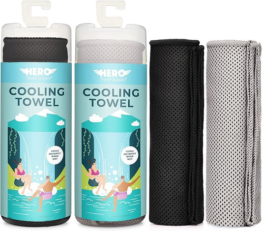 Hero Cooling Towel for Travel, Hiking, Sports, Yoga (2-Pack) Ultra Soft Microfiber 40" x 12" (Black/Grey)