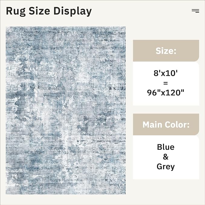 Soalmost Abstract Rug 8x10 Large Living Room Area Rugs Washable Blue/Grey | Modern Non-Slip Carpet for Dining Bedroom, Stain Resistant Foldable Thin Low Pile Floor Mat Under Table Home Office Decor