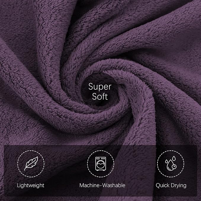TENSTARS Luxury Silk Hemming Towel Set - Light Thin Quick Drying - 2 Bath Towels 2 Hand Towels 2 Washcloths - Ultra Soft Microfiber Towel for Bath Fitness, Sports, Yoga, Travel (Grape Purple 6 Pieces)