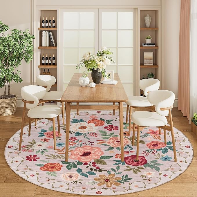 DUKINO 6ft Round Rug, Soft Washable Circle Rug for Bedroom Non Slip, Beige | Low Pile, Stain Resistant Indoor Rug for Living Room, Dining Room, Kids Room, Office, Pet Friendly, Home Decor, Non-Shedding