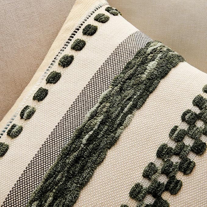 ANRODUO Boho Decorative Pillow Covers 18x18 Dark Green Stripe Pack of 1 | Throw Pillow Covers, Farmhouse Cushion Case, Chenille Pillow Cases, Pillow Covers, Accent Neutral Pillowcase for Sofa Couch