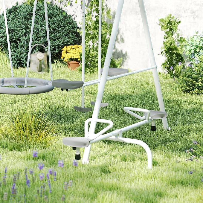 Outsunny Swing Set for Backyard, 5 in 1 Outdoor Playset for Kids with Heavy-Duty A-Frame Stand, 29.5" Saucer Swing, Slide, Teeter-Totter, Glider, 693 Lbs Load, Gray