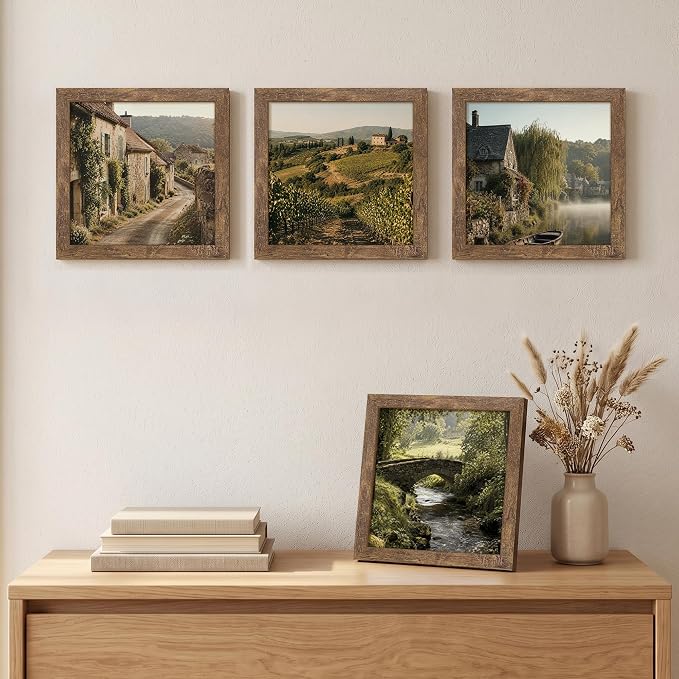 upsimples 8x8 Picture Frame, Display Pictures 4x4 with Mat or 8x8 Without Mat, Wall Hanging Photo Frame, Rustic brown, 1 Pack