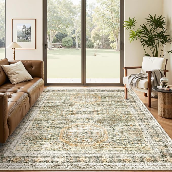 Soalmost 5x7 Area Rug Green/Orange Low Pile Washable Trendy Faded Style Rug | Vintage Non-Slip Indoor Accent for Bedroom Dining, Foldable Stain Resistant Floor Carpet Mat Under Table Home Office Decor