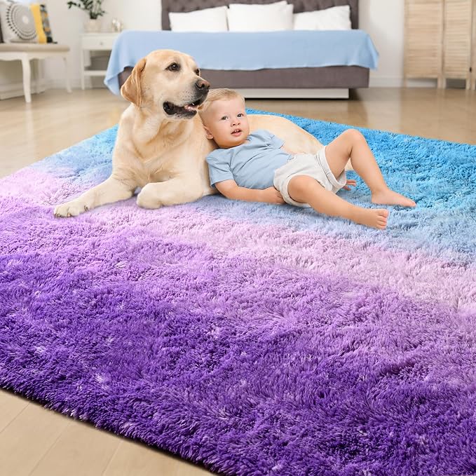 Tepook Fluffy Large Rugs for Living Room, Area Rug 6x9 Soft Carpet for Bedroom, Modern Shaggy Rug for Kids Boys Girls, Plush Indoor Nursery Home Decor Rug with Non-Slip Bottom, Purple and Blue