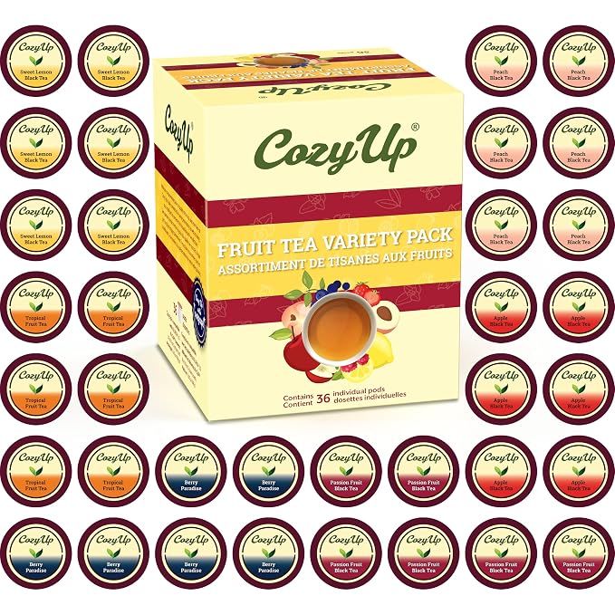 Cozy Up Iced Sweet Fruit Black Tea K-Cup Variety Pack, 36 Count, Guilt-Free Zero Calorie Sweetness - Compatible with Keurig - Lemon, Tropical, Berry, Passion Fruit, Apple & Peach - Single Serve Pods for Brew Over Ice