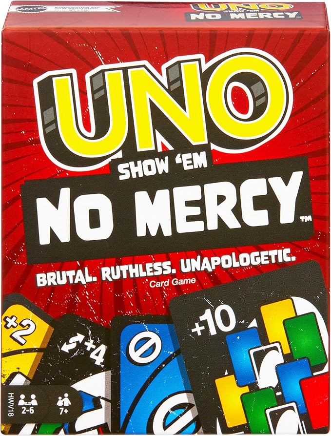 Mattel Games UNO Show ‘em No Mercy Card Game in Storage & Travel Tin for Kids, Adults & Family Night with Extra Cards, Special Rules & Tougher Penalties (Amazon Exclusive)