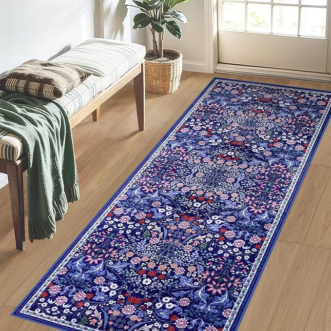Runner Rug for Entryway: 2x5 Kitchen Rugs Non Slip Washable Ultra-Thin Soft Floral Carpet Indoor Floor Stain Resistant Carpets for Hallway Bedroom Kitchen Laundry Bathroom Dorm Blue