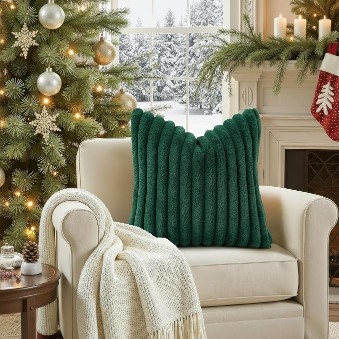 decorUhome Fall Faux Fur Throw Pillow Covers 20x20 Set of 2 Christmas Green | Decorative Soft Cozy Striped Plush Modern Farmhouse Boho Couch Pillow Cases Velvet Back for Sofa Bed Living Room Home Decor