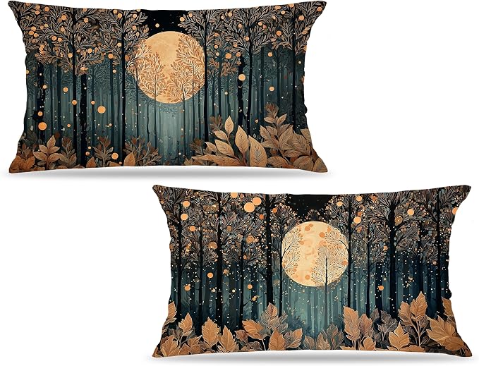 Vintage William Morris Inspired Gold Forest Moon Pillow Covers 20x12 Set of 2,Rustic Black and Gold Moon Landscape Nature Botanical Decorative Throw Pillow Covers for Home Bedroom Living Room