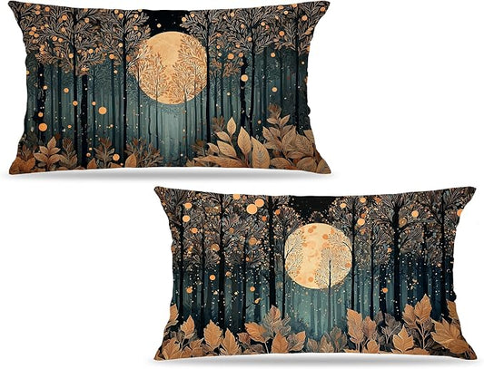 Vintage William Morris Inspired Gold Forest Moon Pillow Covers 20x12 Set of 2,Rustic Black and Gold Moon Landscape Nature Botanical Decorative Throw Pillow Covers for Home Bedroom Living Room