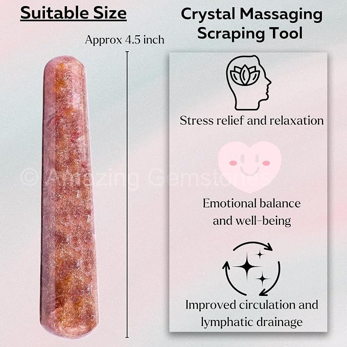 Amazing Gemstone Strawberry Quartz Crystal Wand Massage Stick - Pelvic Wand Gua Sha for Adults - Crystals and Healing Stones Massage Wands for Adults Gifts (Smooth)