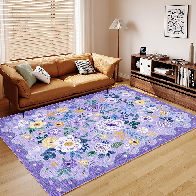DUKINO 5x7 Area Rugs, Floral Washable Rug for Living Room Non Slip, Purple | Soft, Low Pile, Stain Resistant Indoor Rug for Bedroom, Dining Room, Office, Pet Friendly, Lightweight, Modern Home Decor
