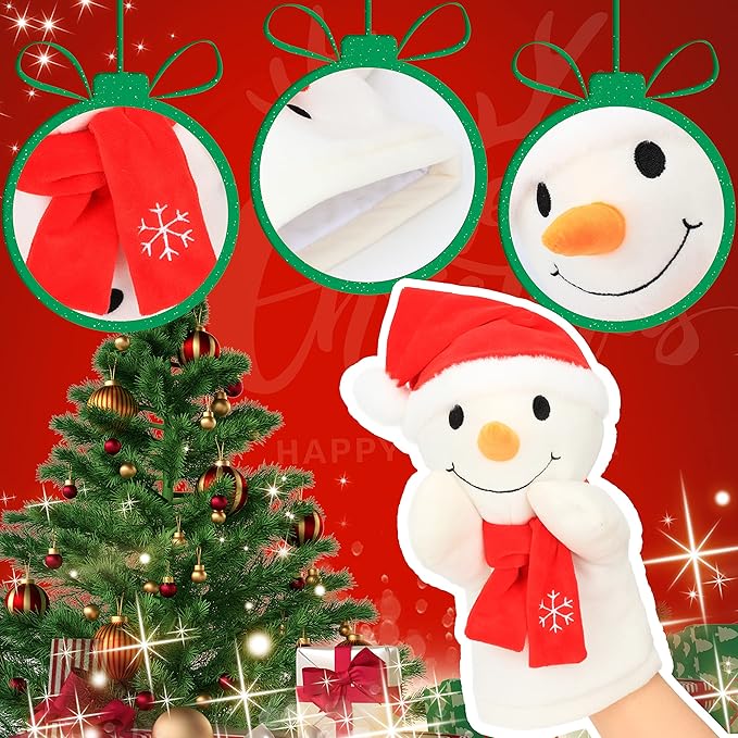 Cuteoy Plush Snowman Hand Puppet Stuffed Animal Toy Open Movable Mouth Creative Role Play Storytelling Plushies Gifts for Kids Toddlers Birthday Christmas