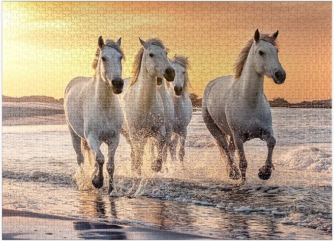 MyPuzzle White Camargue Horses Galloping On A Beach in France - Premium 1000 Piece Jigsaw Puzzle for Adults