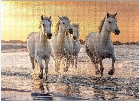 MyPuzzle White Camargue Horses Galloping On A Beach in France - Premium 1000 Piece Jigsaw Puzzle for Adults