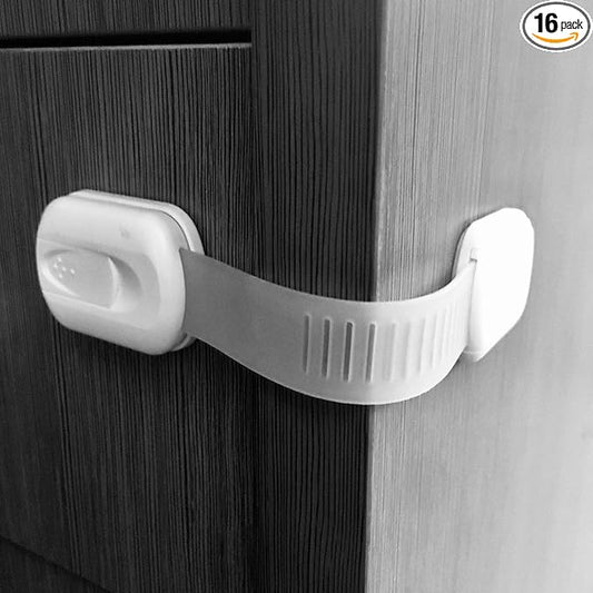 16 Pack Vmaisi Multi-Use Adhesive Straps Locks - Childproofing Baby Proofing Cabinet Latches for Drawers, Fridge, Dishwasher, Toilet Seat, Cupboard, Oven,Trash Can, No Drilling (White) (16)