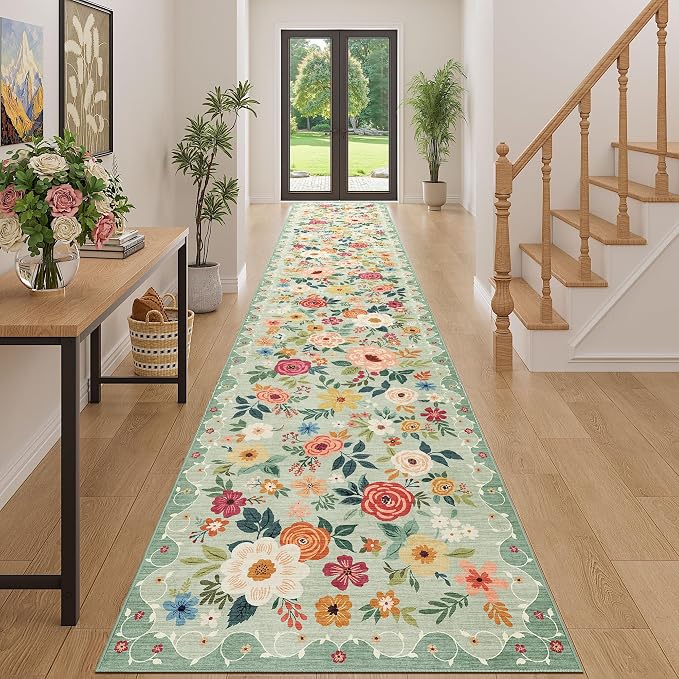 DUKINO 3x16 Runner Rug for Hallway, Non Slip Long Washable Rug, Green | Non Slip, Low Pile, Soft Floral Indoor Runner Rug for Kitchen, Entryway, Bedroom, Bathroom, Pet Friendly, Modern Home Decor
