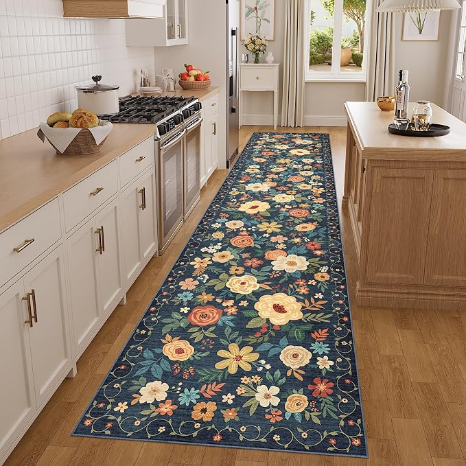 DUKINO 3x14 Washable Runner Rug, Non Slip Kitchen Runner Rug, Navy Blue | Soft, Low Pile, Floral Indoor Long Carpet Runner for Hallway, Entryway, Bedroom, Bathroom, Laundry, Pet Friendly, Home Decor