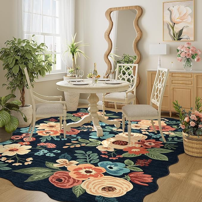 DUKINO 4x6 Area Rug, Non Slip Floral Washable Living Room Rug, Navy Blue | Low Pile, Stain Resistant, Soft Throw Rugs for Bedroom, Office, Dining Room, Nursery, Pet Friendly, Home Decor, Lightweight