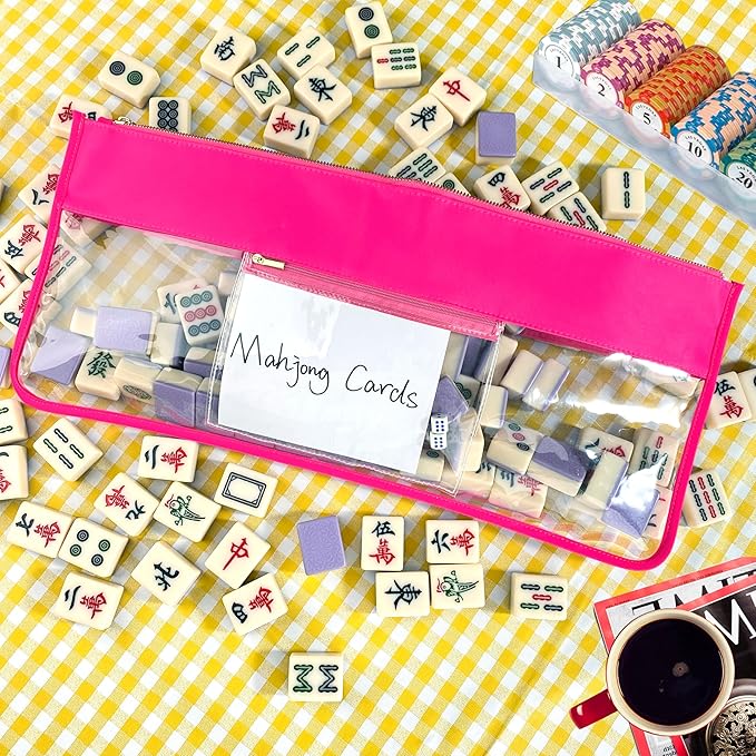 Mahjong Bag – Empty Mahjong Tiles Bag with Zipper, Travel Carrying Bag for Mahjong Tiles & Accessories（Pink）