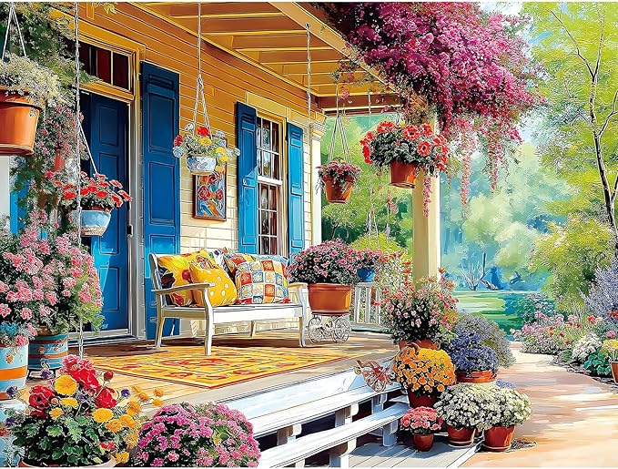 1000 Piece Jigsaw Puzzle for Adults Colorful Garden Vibrant Porch Scene, Puzzles with Letters on Back Adult Puzzles for Game Night (27.6" x 19.7")