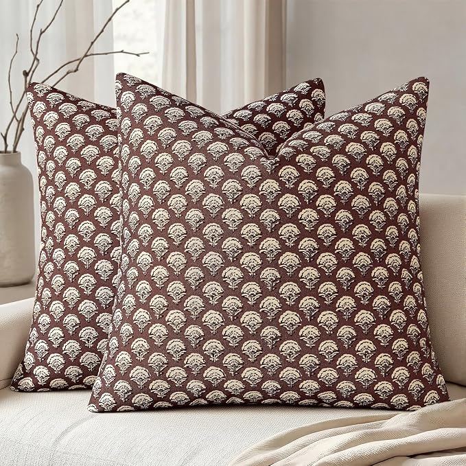 MIULEE Floral Print Decorative Pillow Covers 18x18, Withered Rose | Vintage Boho Farmhouse Modern Home Decor, Set of 2, Block Print Cushion Covers for Couch Sofa Bed Living Room