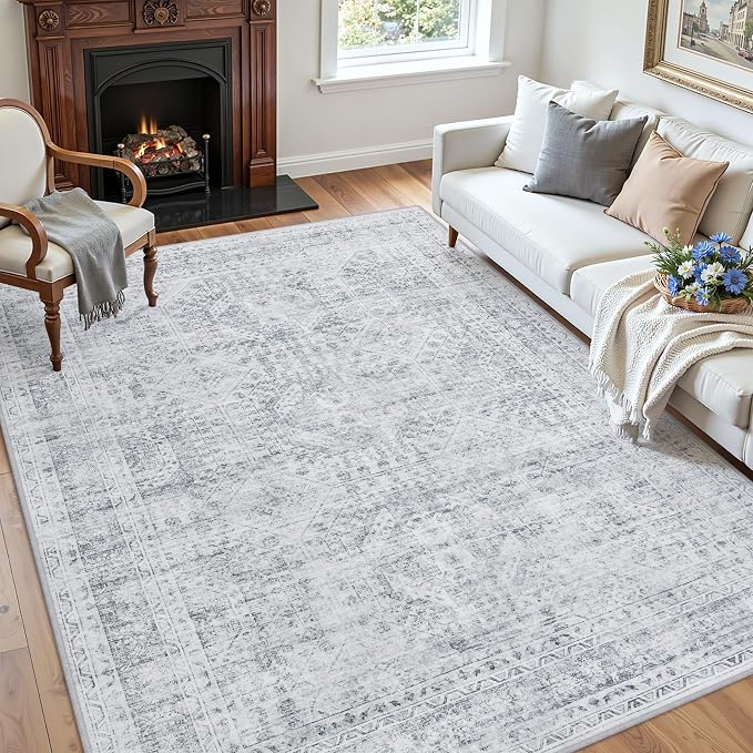 3x5 Area Rugs for Living Room: Vintage Boho Neutral Washable Rug Indoor Soft Large Area Rug Carpet for Bedroom Nursery Farmhouse Dining Room Office Floor Non-Slip Low Pile Under Table Rug Gray