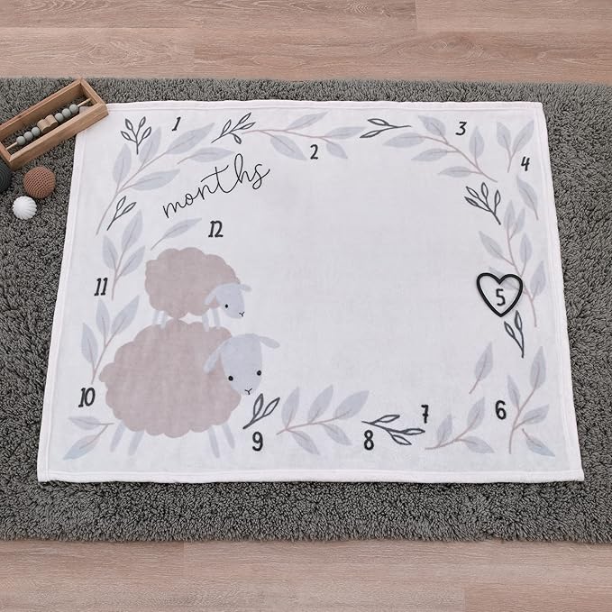 NoJo Together is Better White, Gray, and Taupe Mama and Baby Lamb Milestone Blanket