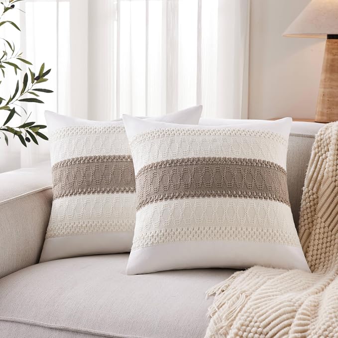 2pk Boho Pillow Covers 20x20, Natural White/Contrast/Cocoa Brown | 100% Organic Cotton Body, Stripe Embroidery, Farmhouse Decorative Cushion Covers for Sofa Bed Living Room Home Decor