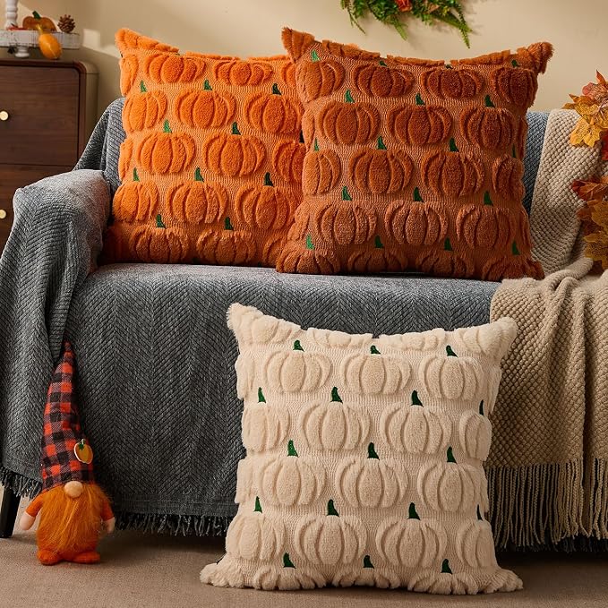 DFXSZ Fall Pillow Covers 20x20 2Pcs Rust Green Pumpkin Fall Decorations | Fall decor Set of 2 Throw Pillow Cases Soft Plush Faux Fur Wool Couch Cushion for Chair Sofa Bedroom Living Room Home Decor