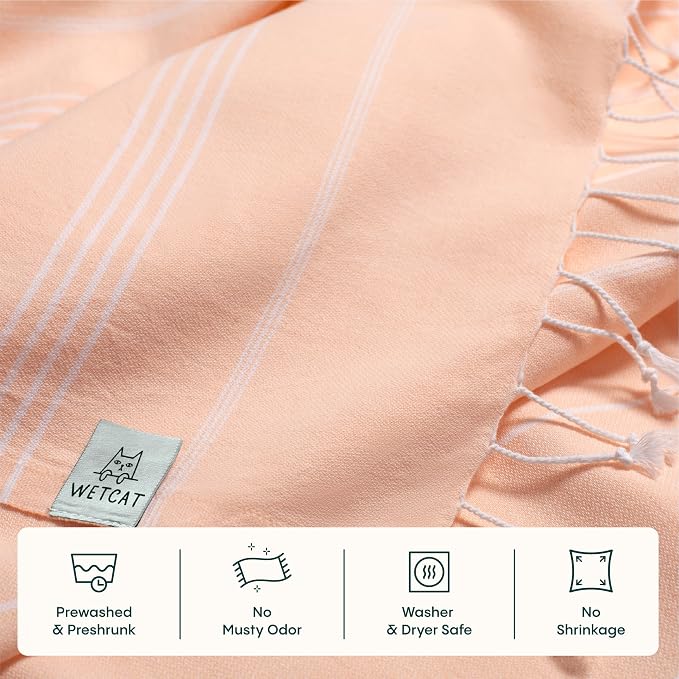 WETCAT Turkish Beach Towel Oversized (38"x71") 100% Turkish Cotton, Made in Turkey - Sand Free, Extra Large, Ultra Soft, Quick Drying, Compact & Lightweight for Travel - Peach