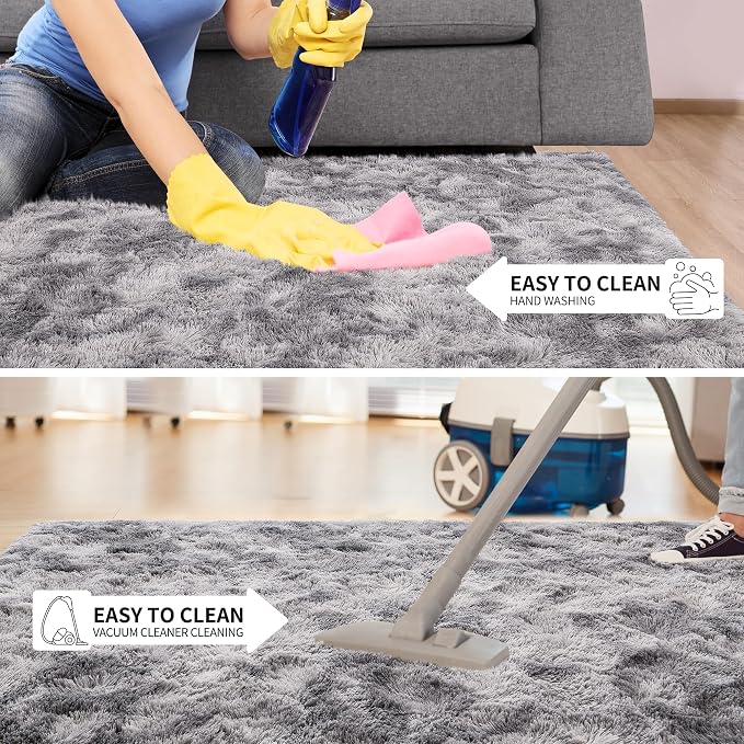 Tepook Fluffy Large Rugs for Living Room, 8x10 Area Rugs for Bedroom, Modern Shag Fuzzy Carpets for Kids Boys Girls, Plush Indoor Nursery Home Decor Rug with Non-Slip Bottom, Tie-dye Light Grey