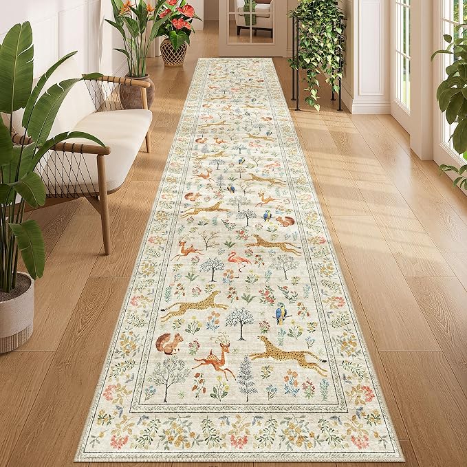 DUKINO 2.6x12 Hallway Runner Rug, Washable Animal Rug Non Slip, Beige | Low Pile, Stain Resistant, Soft Indoor Long Carpet Runner for Entryway, Kitchen, Bedroom, Bathroom, Pet Friendly, Ultra-Thin