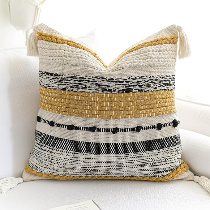 Yellow Mustard Decorative Throw Pillow Cover 20x20 Square Boho Accent Pillowcase Tassels Farmhouse Cushion for Couch Sofa Bedroom Living Room Home Décor Cover ONLY