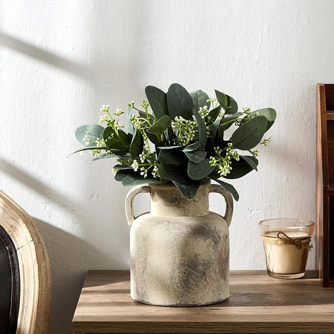 Emotionally Grounded Vase, Vaseking Ceramic Rustic Vase with 2 Handles, 6.1 inch Minimalist Decorative Farmhouse Vases for Home Decor, Living Room, Enterway, Table Decoration, Fired Terra Clay