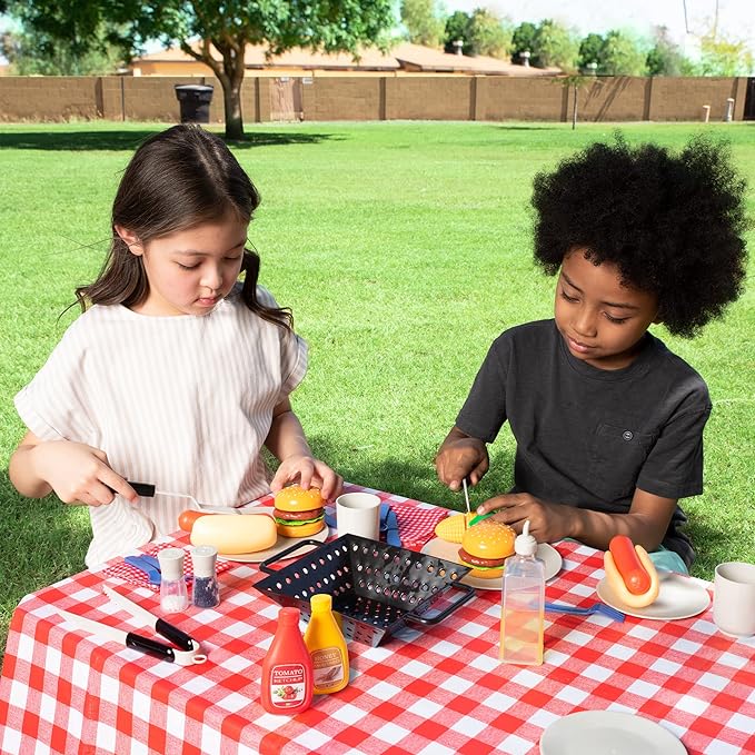 27 PCS Kids BBQ Grill Playset Backyard Barbecue Play Grill Toy Set for Toddlers, Play Food Sets for Kids Kitchen