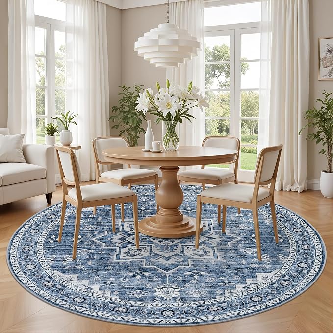 Round Area Rug for Living Room: 8 ft Washable Vintage Boho Soft Thin Circle Rug Indoor Floor No Slip Stain Resistant Carpet for Bedroom Dining Room Farmhouse Nursery Home Office - Blue
